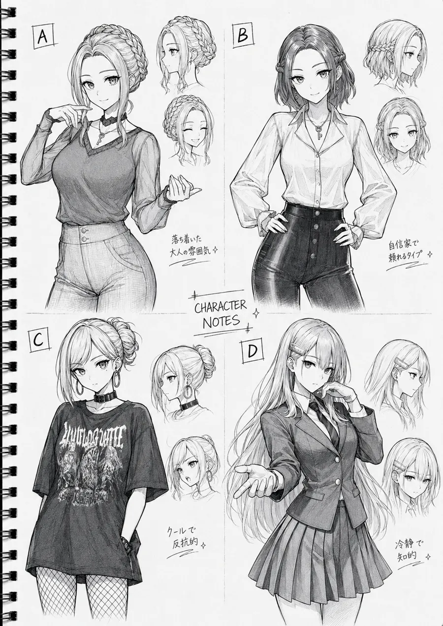 Karakter konsept seti eskiz ve model sheet